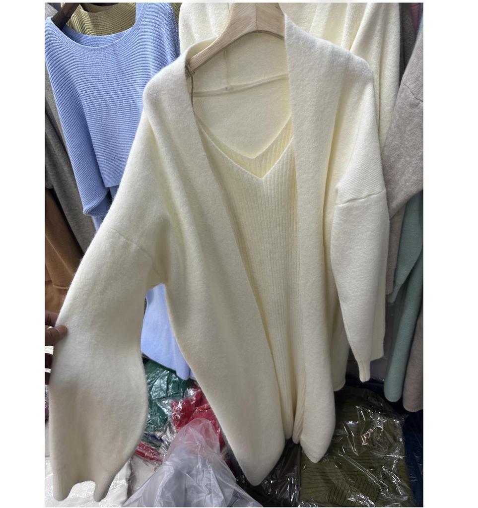 2024 Women's V-Neck Long Knitted Cardigan & Strap Dress Set