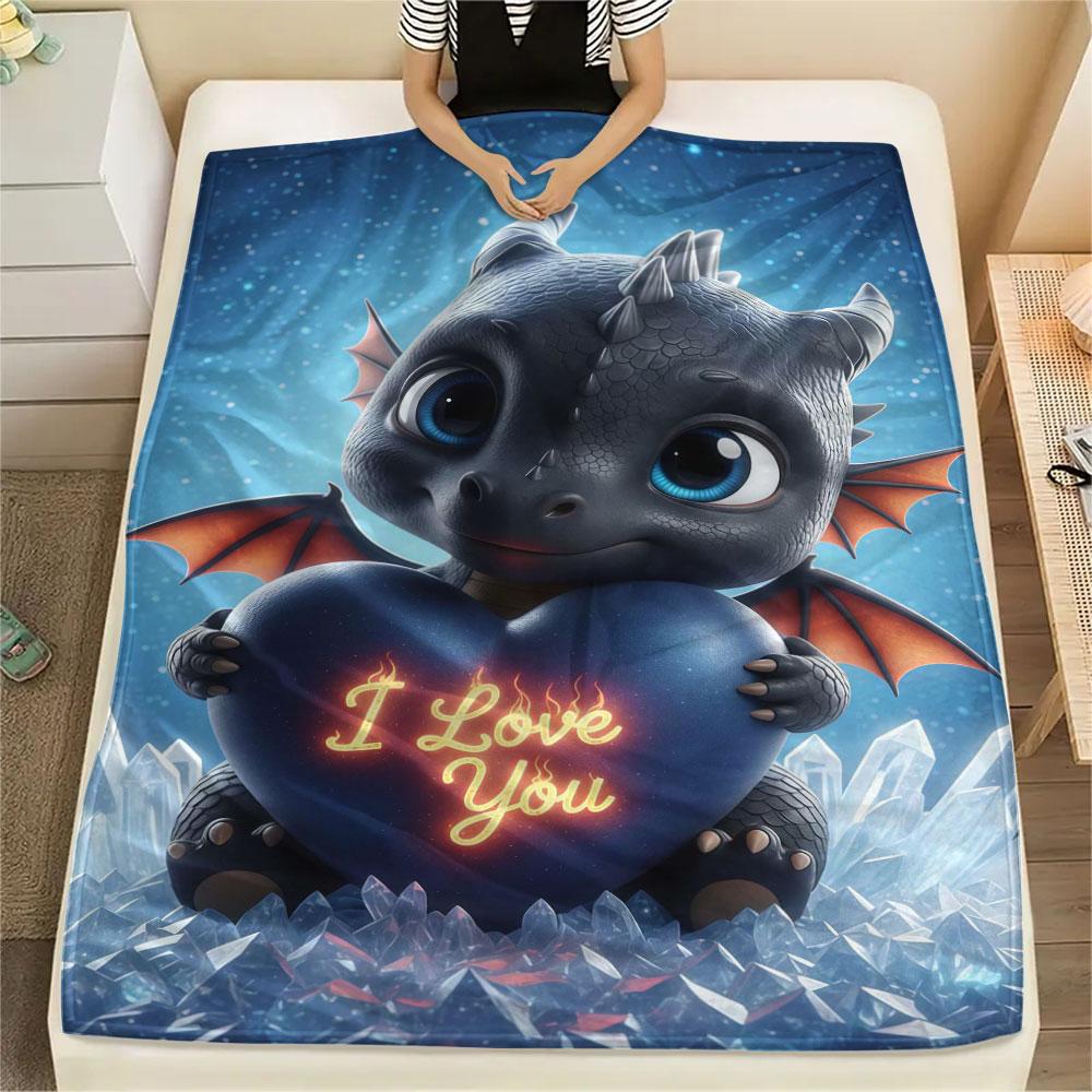 1Pc LovingDragon Print Flannel Blanket, High quality Comfortable for All Seasons, Home Decor, Warmth and Comfort, Perfect for Christmas Gifts