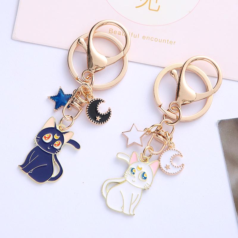 Charming Kitten & Moon Star Alloy Keychain - Women's Bag Pendant Accessory