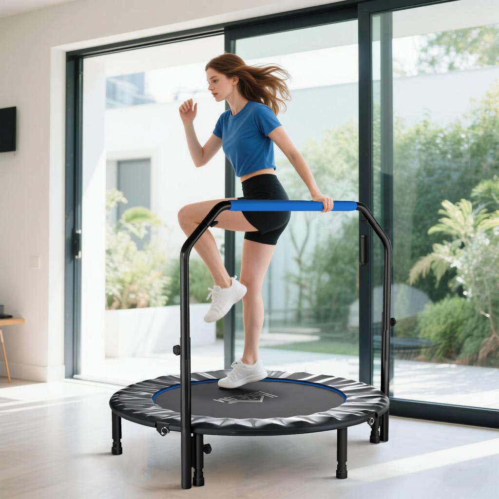 48 Foldable Mini Fitness Trampoline With Adjustable Foam Handle Blue
