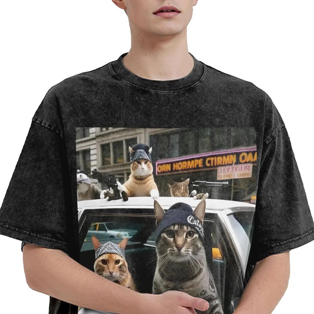 Мужские забавные футболки с графикой мема "Банда котов", топы, пляжные, винтажные, с короткими рукавами, футболка с круглым вырезом, популярный узор, футболка, дропшиппинг
