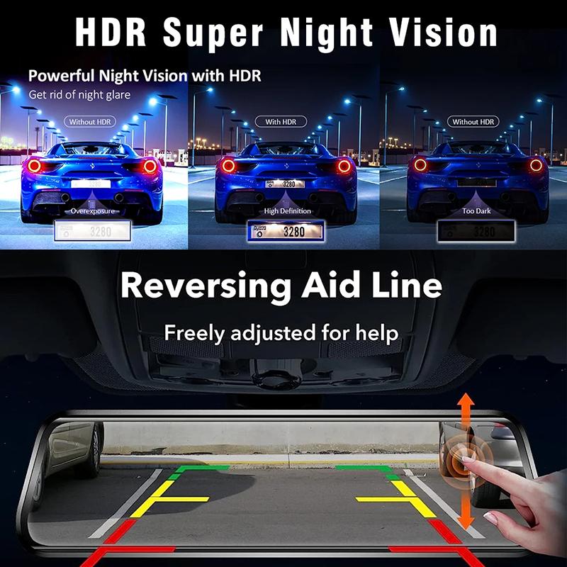 10Inch Mirror Dashcam 4K Dual Lens Dash Cam for Cars Wireless Carplay Android Auto WIFI Touch Screens AUX Car DVR Car Accessory