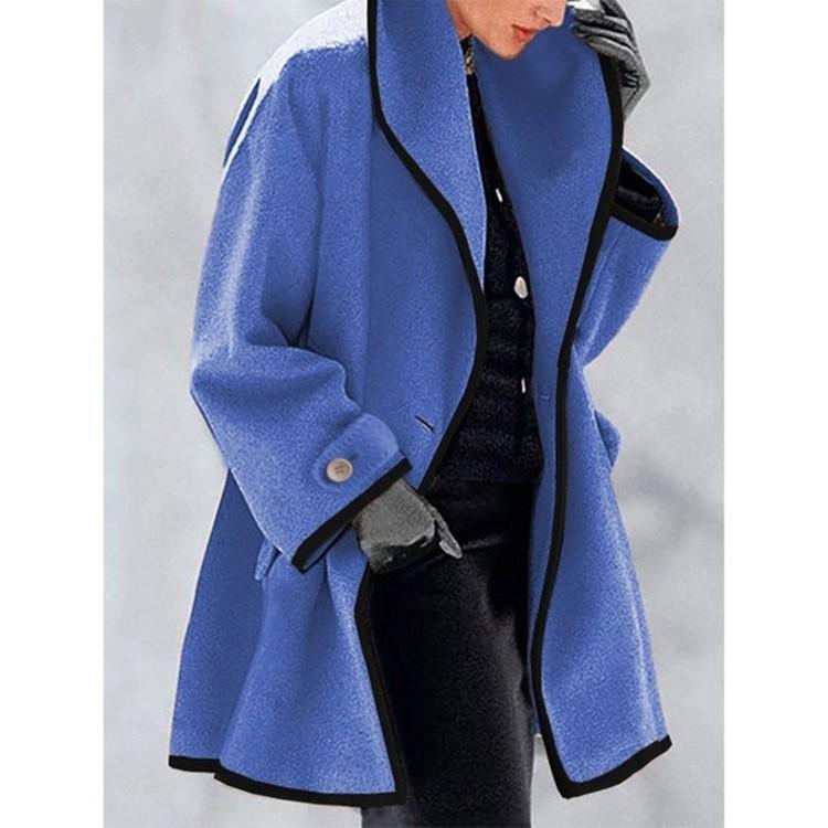 Women's Long Coat with Black Trim, Button Front Closure, Multiple Colors (Blue, White, Red, Beige, Purple, Gray, Black)