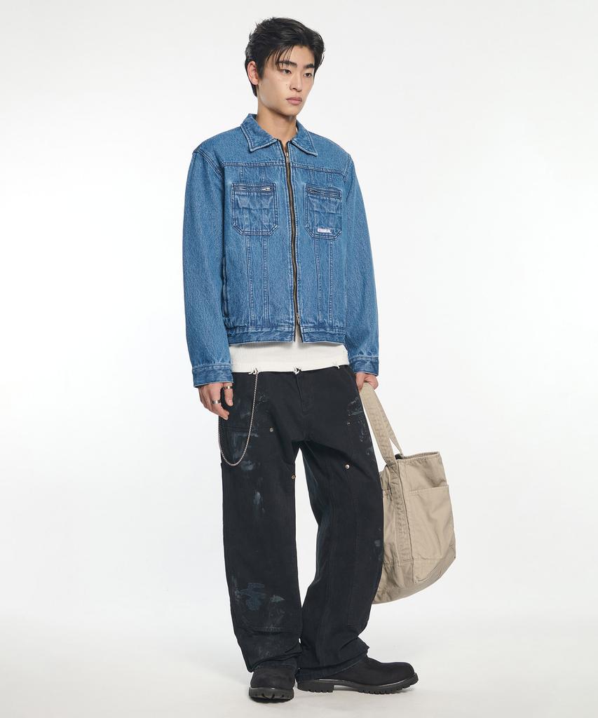 NOMANUAL Denim Trucker Zip Jacket - Washed Blue
