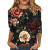 Женская мода повседневная три четверти рукав цветочный принт круглый вырез пуловер топ