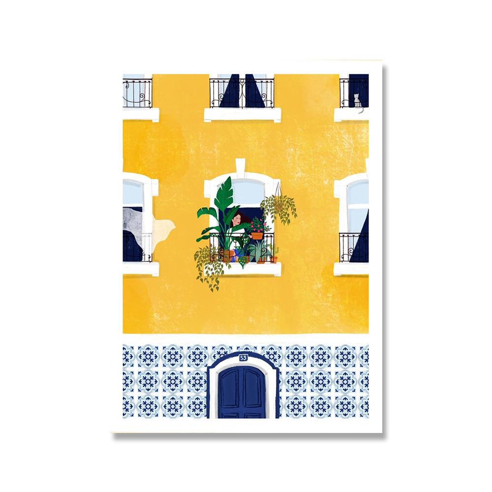 Lisbon Plant Girl Illustration Canvas Painting Wall Art Architecture Cat Woman Posters Gift Travel Print Picture Home Decoration