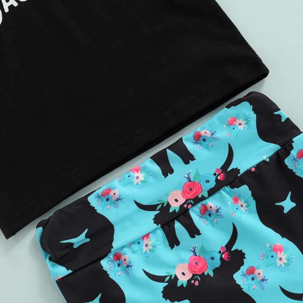 Летняя черная футболка для маленьких девочек + шорты с принтом крупного рогатого скота + повязка на голову, комплект из 3 предметов, одежда для детей от 0 до 24 месяцев