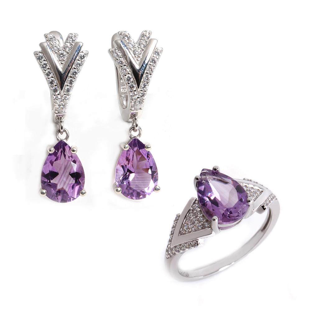 Великолепный февральский камень, натуральный аметист, комплект из серег и колец из серебра 925 пробы, легкие роскошные женские украшения