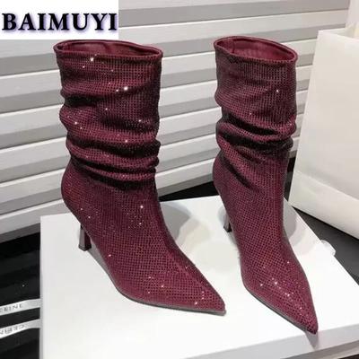 Женские ботильоны на высоком каблуке с острым носком и кристаллами, сексуальная обувь 2025 года, модные роскошные зимние ботинки челси, новые туфли-лодочки Mujer Botas