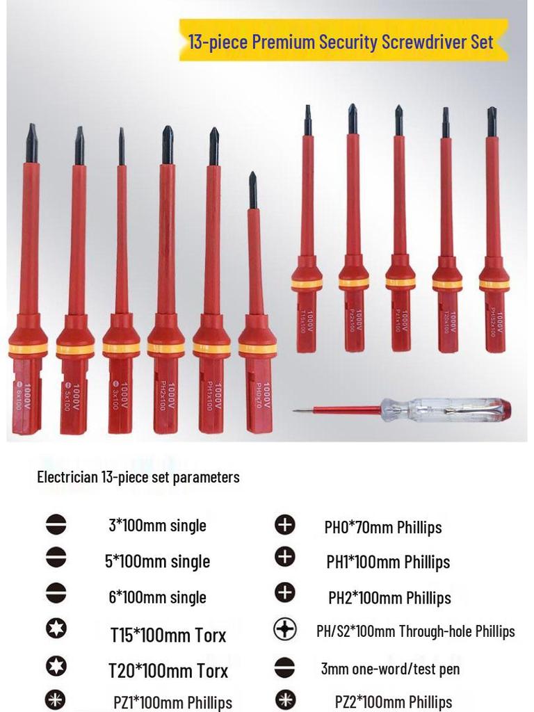 13-Piece Insulated Electrician Screwdriver Set - 1000V, Hardened Chrome Vanadium Steel, Strong Magnetic