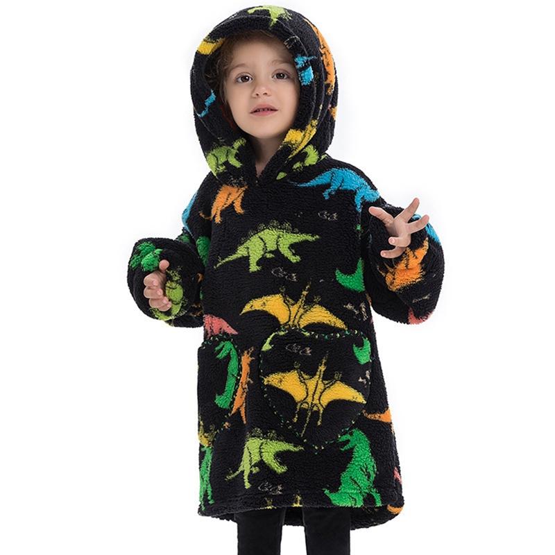 Kids Plush Hooded Pullover Loose Warm Coat Heart Shaped Pocket Cute Cartoon Printed