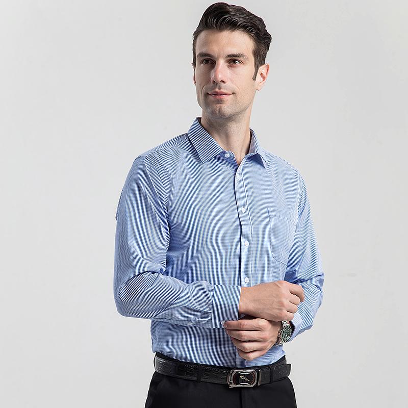 Классическая деловая мужская классическая рубашка с длинным рукавом в клетку с отложным воротником, синие клетчатые рубашки обычного кроя, мужские деловые офисные рубашки