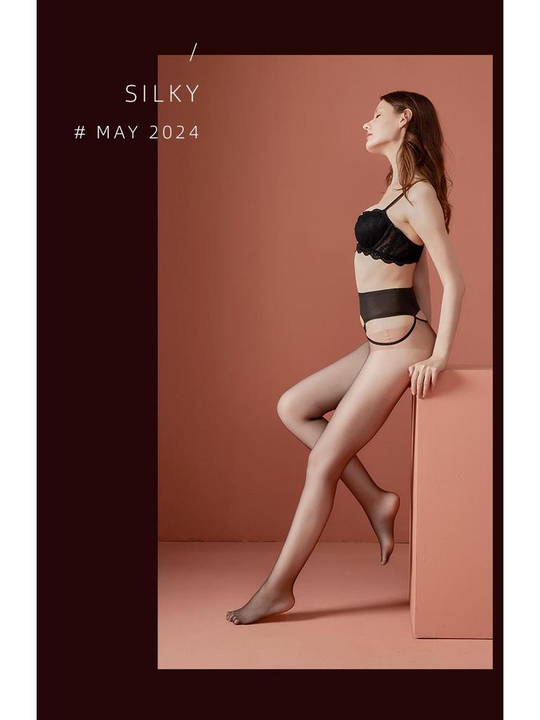 Ultra-Thin Black Silk Men's 360 Seamless Open Crotch Stockings with JJ Sheath