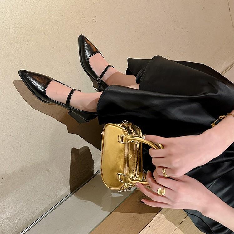 Версия из коровьей кожи~ Остроносые туфли с характером 2025 новая весна-осень пряжка-ремешок открытый носок черный офисные туфли на толстом каблуке женские