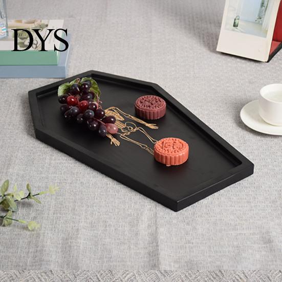 Gothic Storage Tray Halloween Serving with Engraved Skeleton, Wooden Charcuterie Board, Casket Black Vanity Organizer Shape Platter for Party, Spooky