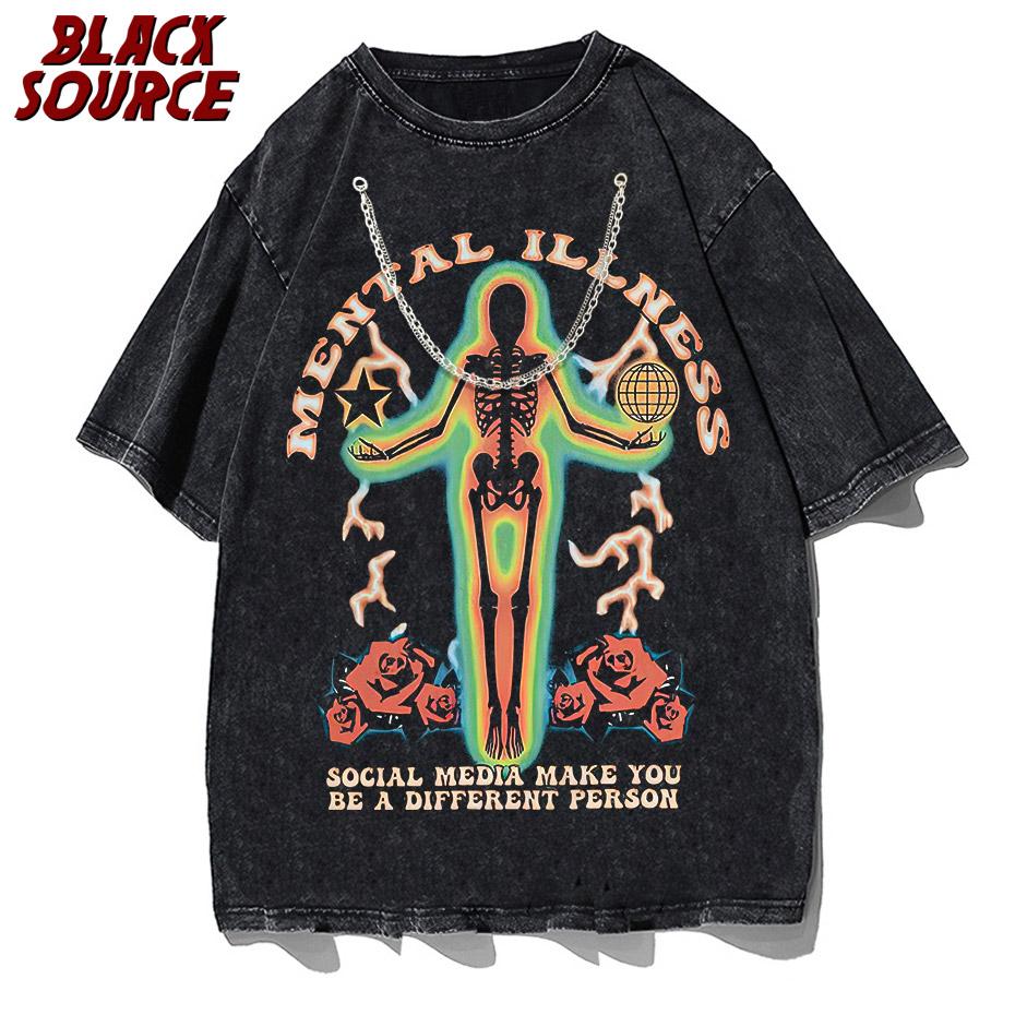 black source Hip Hop Streetwear Washed T Shirt Skeleton Rose Graphic T-Shirt Retro Vintage Tops Cotton Men Short Sleeve Tshirt