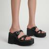Belt Buckle Decor Platform Slippers for Women Wedge Heels Mules Backless Open Toe Solid Color Outdoor Beach Shoes