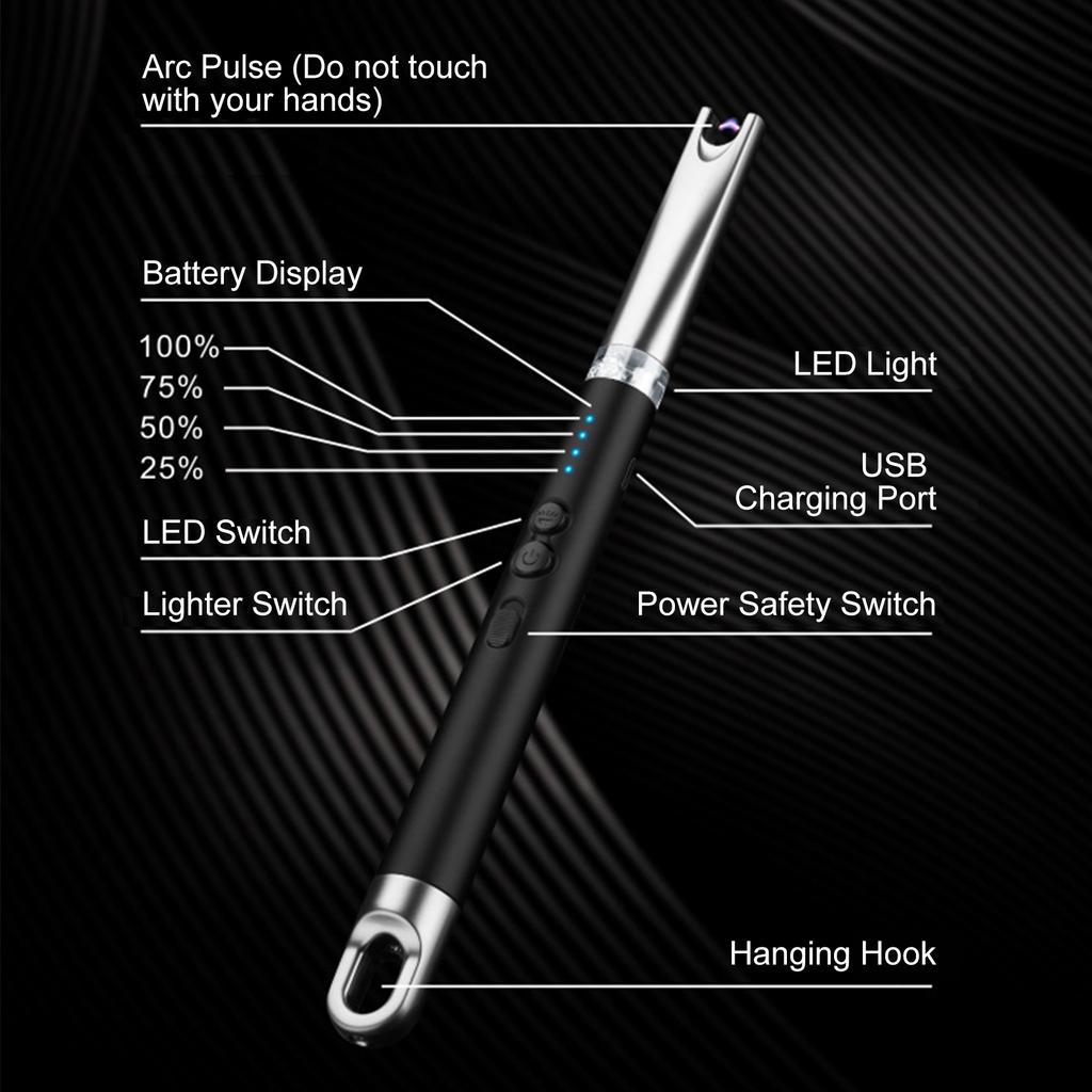 Flameless Electric Arc Lighter with LED Light USB Rechargeable Candle Lighter Safe Windproof Camp Long Lighter with Battery Display for Kitchen