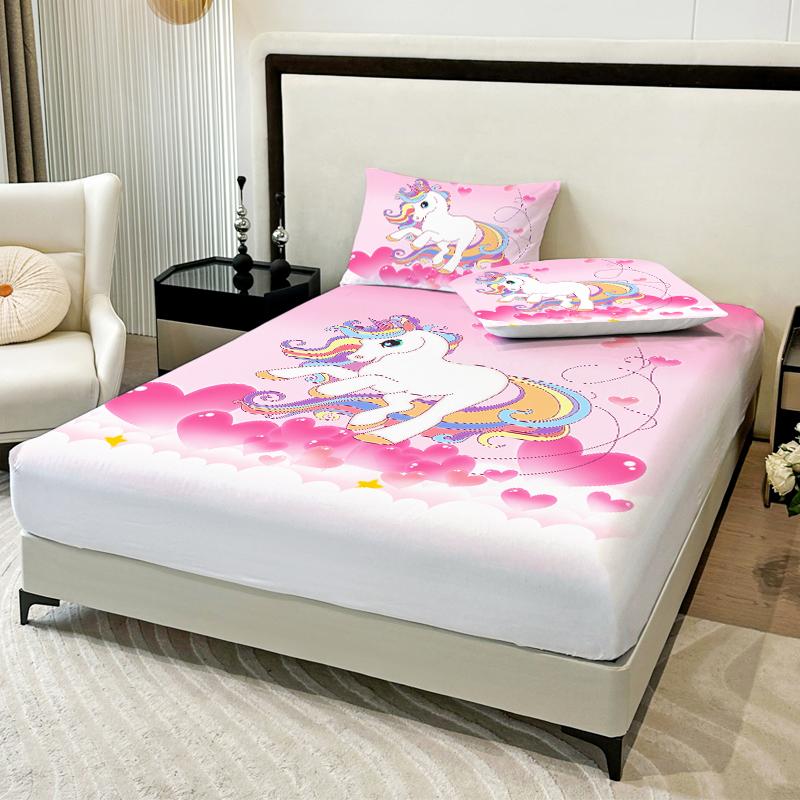 3 предмета Любовь Единорог Пудровый Простыня 100% Полиэстер Рисунок Единорога Милый 1 Простыня 2 Наволочки Без Подушки Четыре Сезона