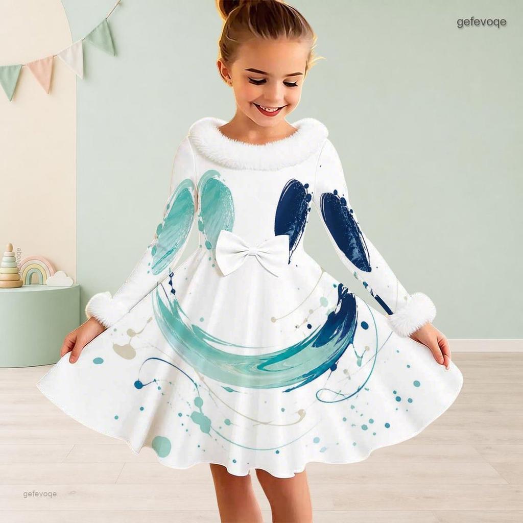 Girls High Neck Long Sleeve White Base Abstract Printed A Line Flared Dress With Fuzzy Trim And Bow
