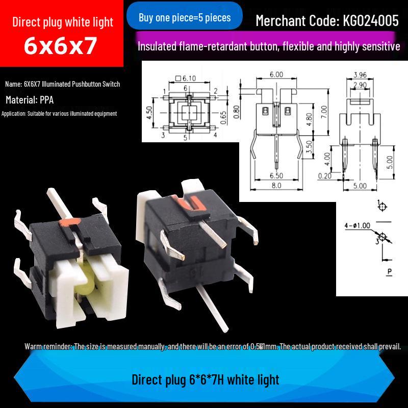 LED Luminous Tactile Switch 6x6x7/7.2mm Through-Hole Reset Button