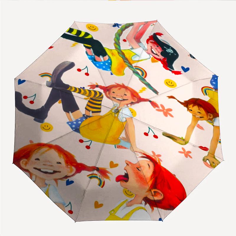 Pippi Longstocking Fashionable Automatic Opening/Closing Folding Umbrella. Portable and Foldable, Ideal for Gift, Travel, and Daily Use.