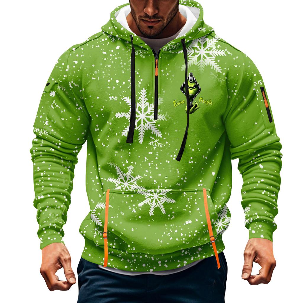 Men's Christmas Print Hooded Half-Zip Casual Sports Sweatshirt