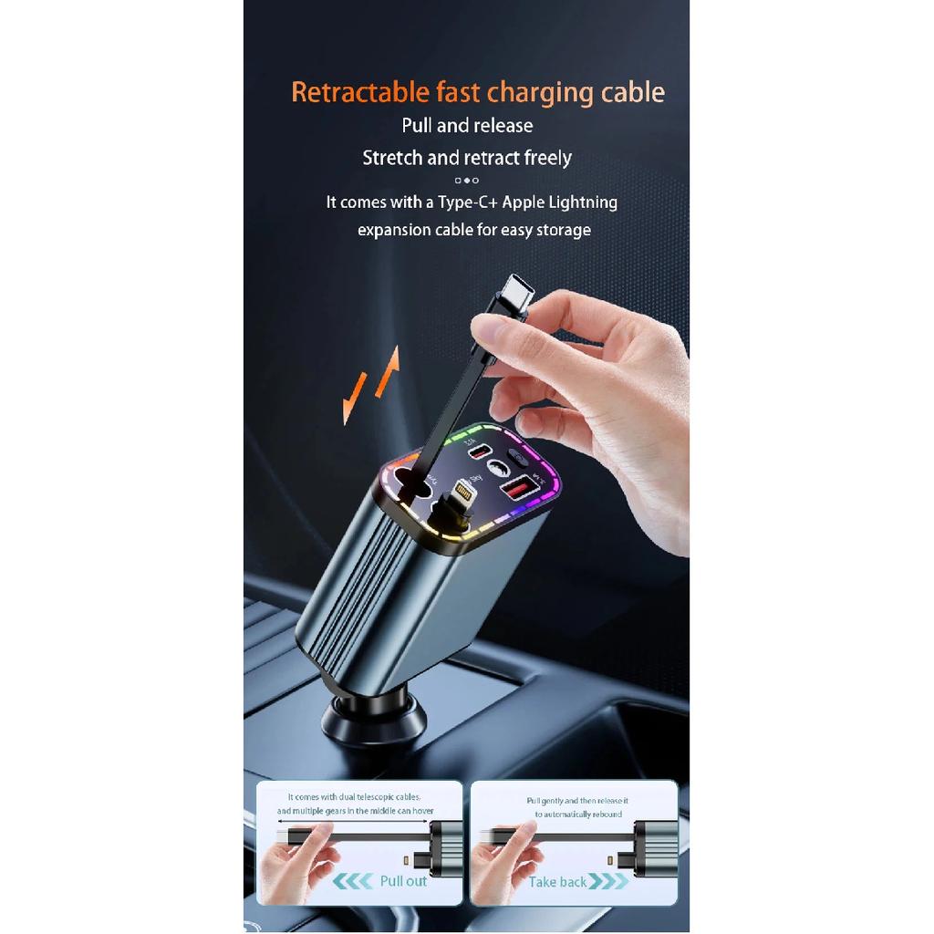 ZRGAE 5 IN 1 Retractable Car Charger 152W Fast Charging Starry Sky LED Lights USB Type-C Power Adapter For iPhone Android