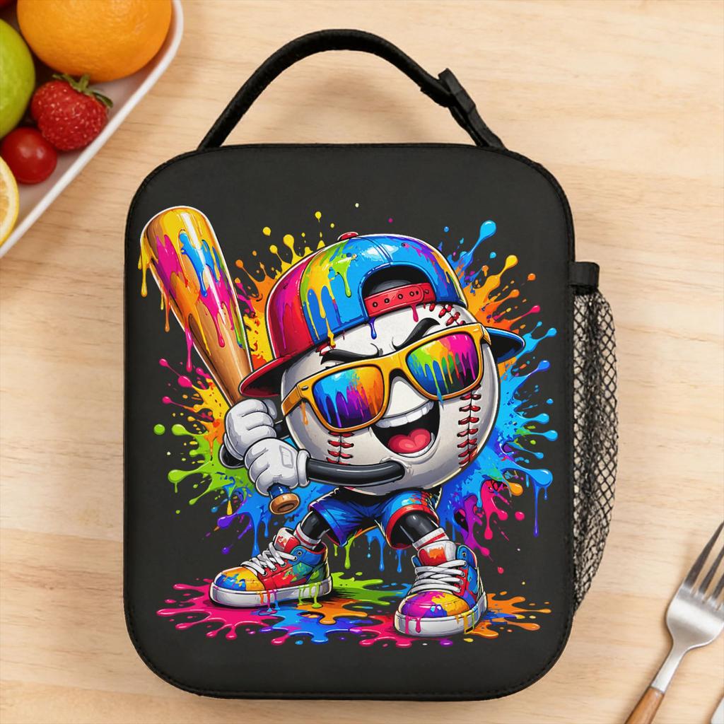 Baseball Drip Mascot Funny Baseball Lifestyle Lunch Bag For Girls Travel Lunch Box Cute Portable Insulated Oxford Cooler Bag