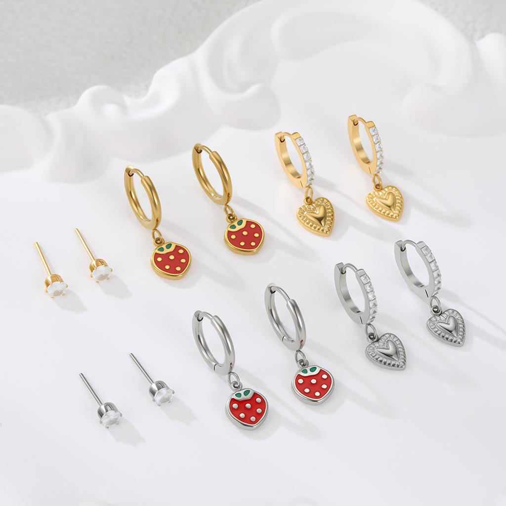 GEMCHIC Women's Stainless Steel Heart & Strawberry Drop Earrings with Zircon Studs for Daily Wear