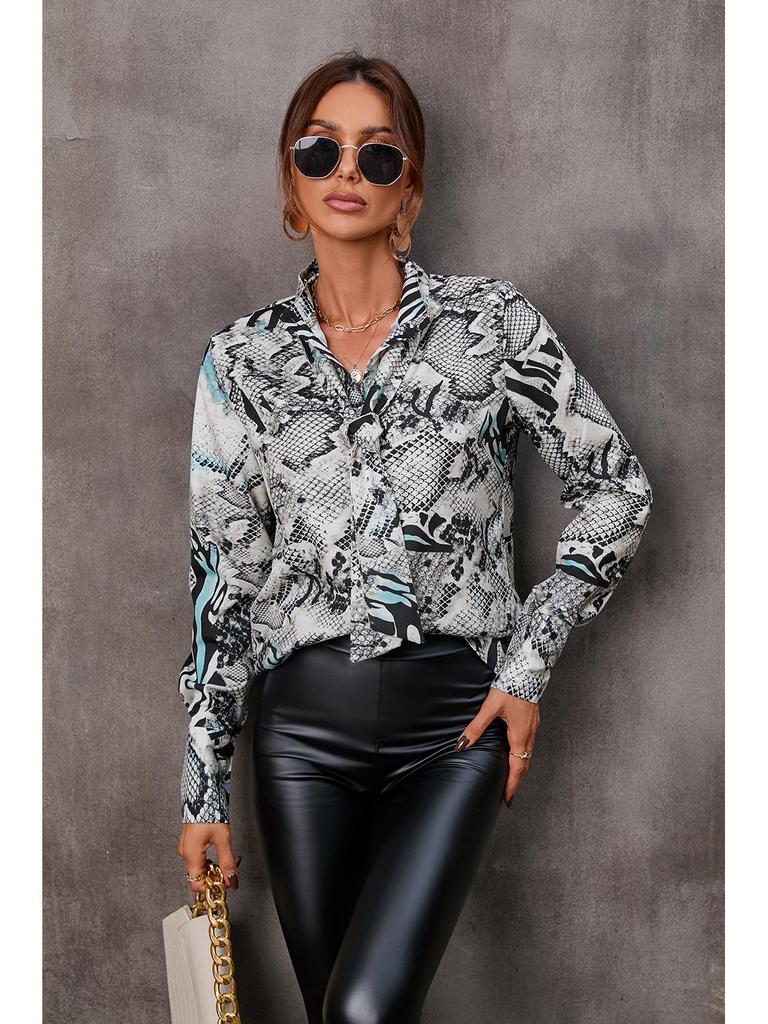 European & American Style Women's Autumn Print Tie Single-Breasted Long-Sleeve Shirt