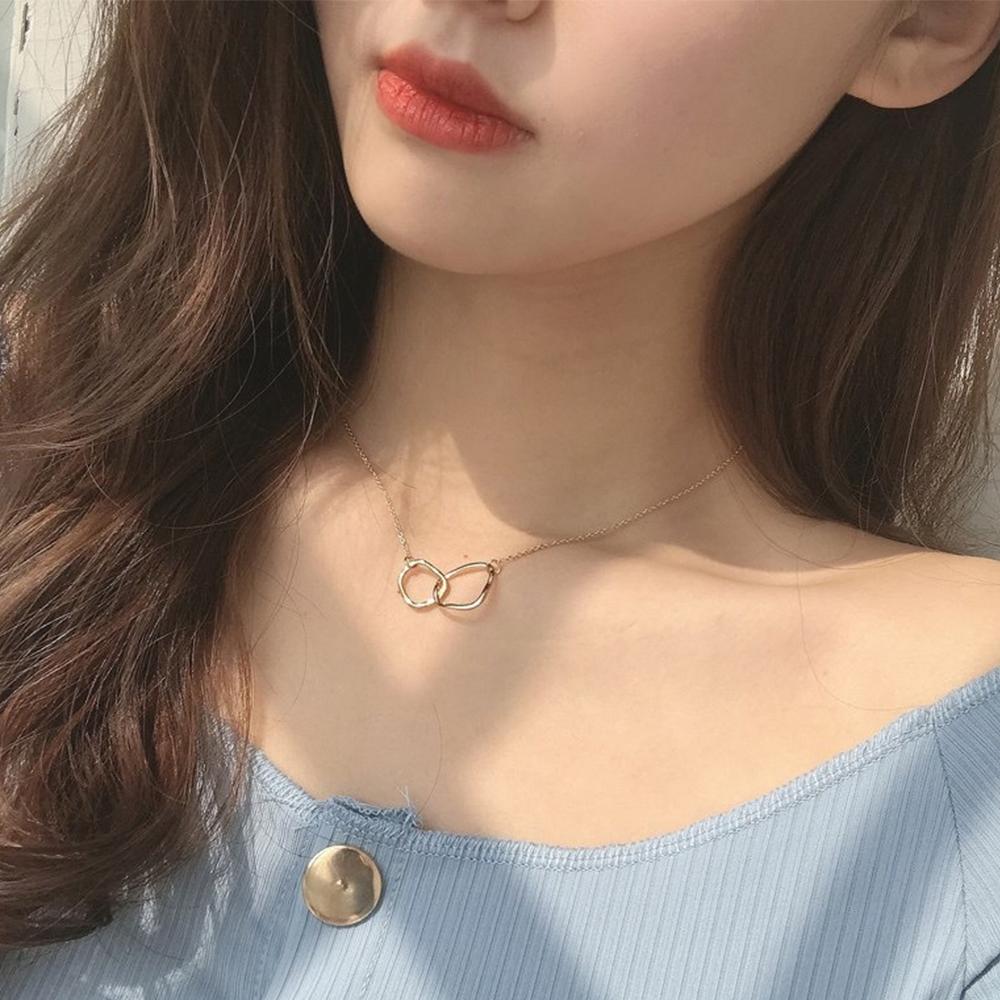 Ladies Women Temperament Double Ring Geometric Simple Choker Clavicle Chain Necklace Neck Chain