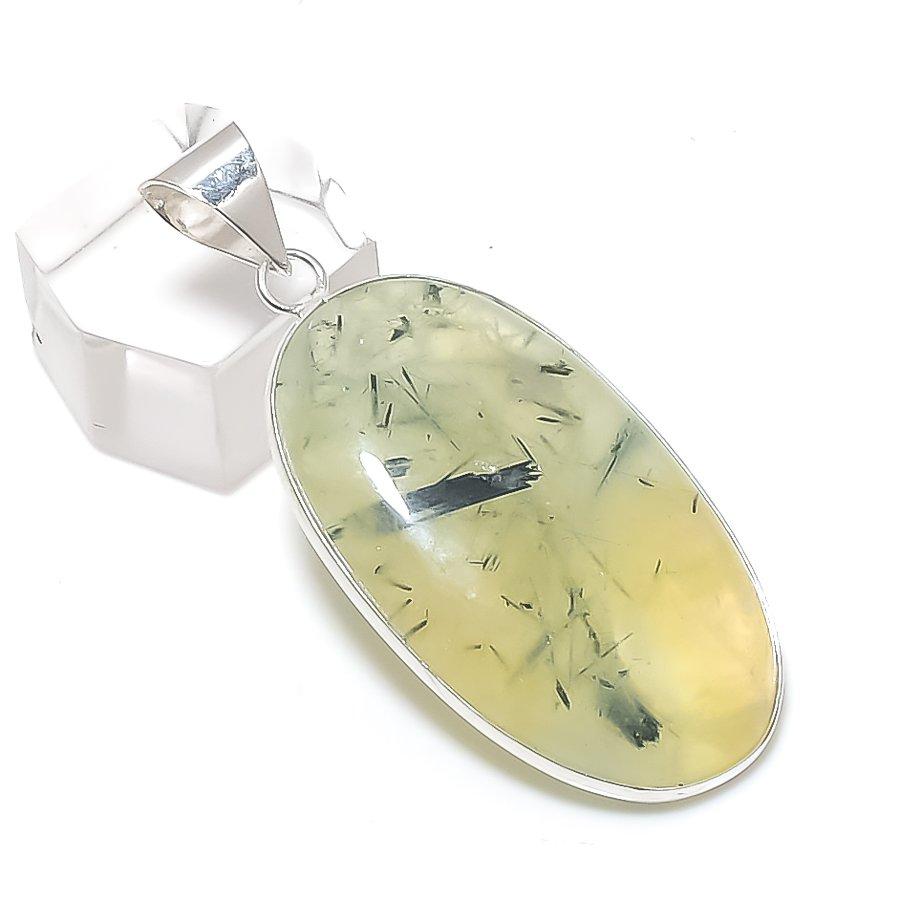 Natural Moss Prehnite Gemstone 925 Sterling Silver Jewelry Pendant 1.97" Q5T34