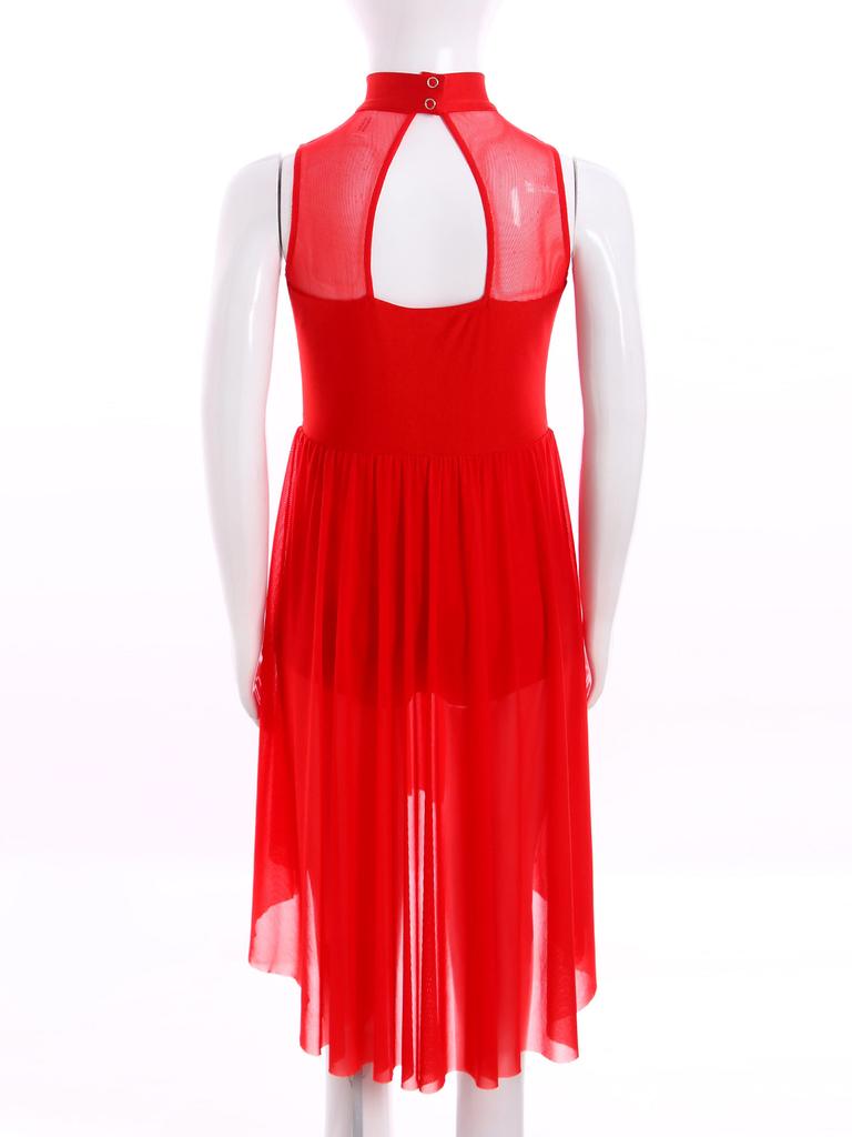 Kids Girls Figure Skating Dance Dress Sleeveless Mock Neck Cutout Back Side Split Asymmetrical Hem Sparkly Rhinestone Dresses