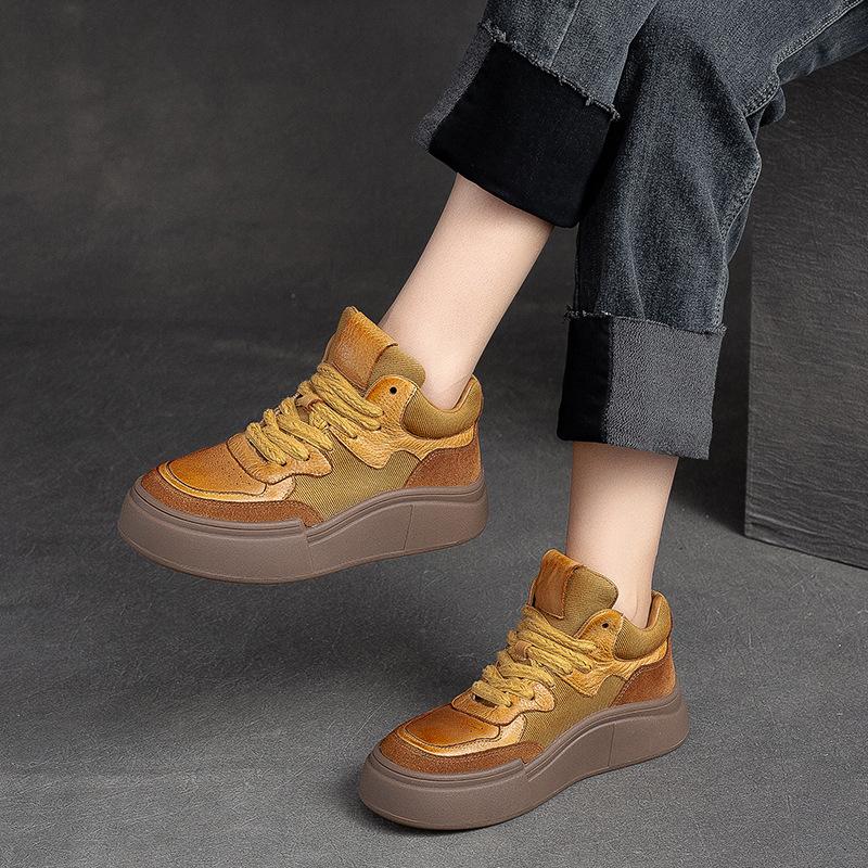 Fashion Spring Autumn Leather Thick Soled High Top Casual Shoes Women's Cowhide Retro Versatile Board Shoes Design Short Boots