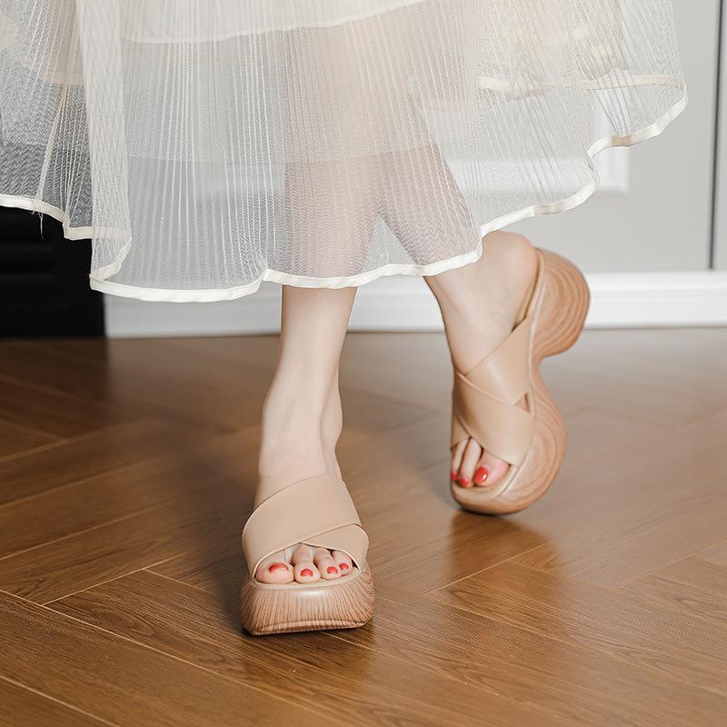 Summer new island style one-word drag thick-soled wedge heel cross-strapped slippers women's retro comfortable outer beach shoes