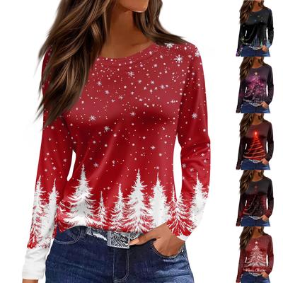 Женская модная повседневная футболка с разрезом по низу, круглым вырезом, длинными рукавами, свободного кроя, с рождественским принтом, женский топ