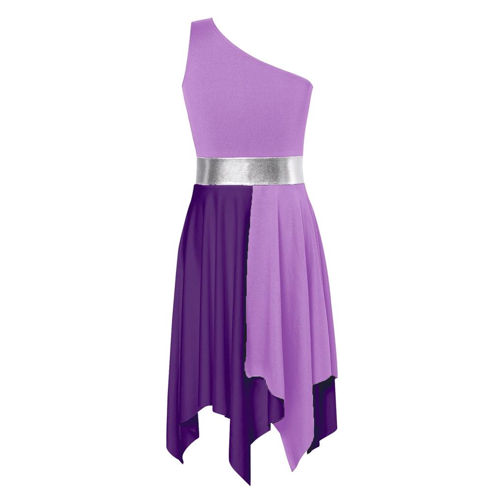 Детские лирические танцевальные костюмы без рукавов для девочек, асимметричное балетное платье контрастного цвета для фигурного катания