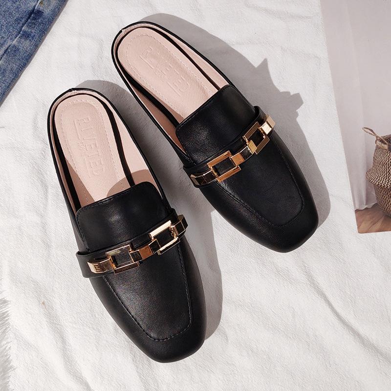 Fashion 2024 New Spring and Summer Women Wear Slippers Korean Fashion Simple Design Leather Girl Black Muller Shoes 41-44 Free Shipping