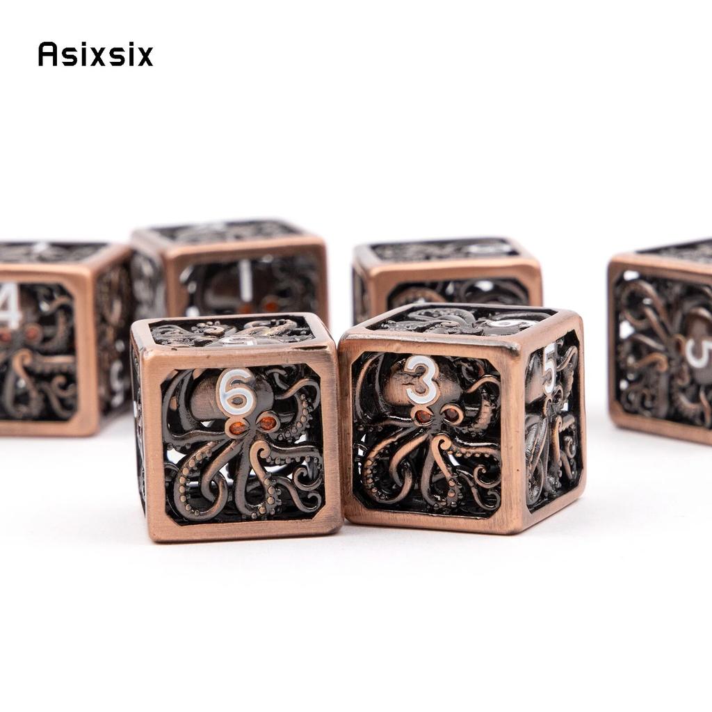 6 Pcs Coppery Squid Metal Dice Hollow Metal Polyhedral Dice Set Suitable for Role-Playing RPG Board Game Card Game