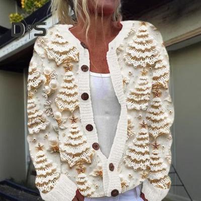 Женский кардиган с 3D рождественским принтом, однобортный свитер с круглым вырезом и длинными рукавами для школы и поездок на работу