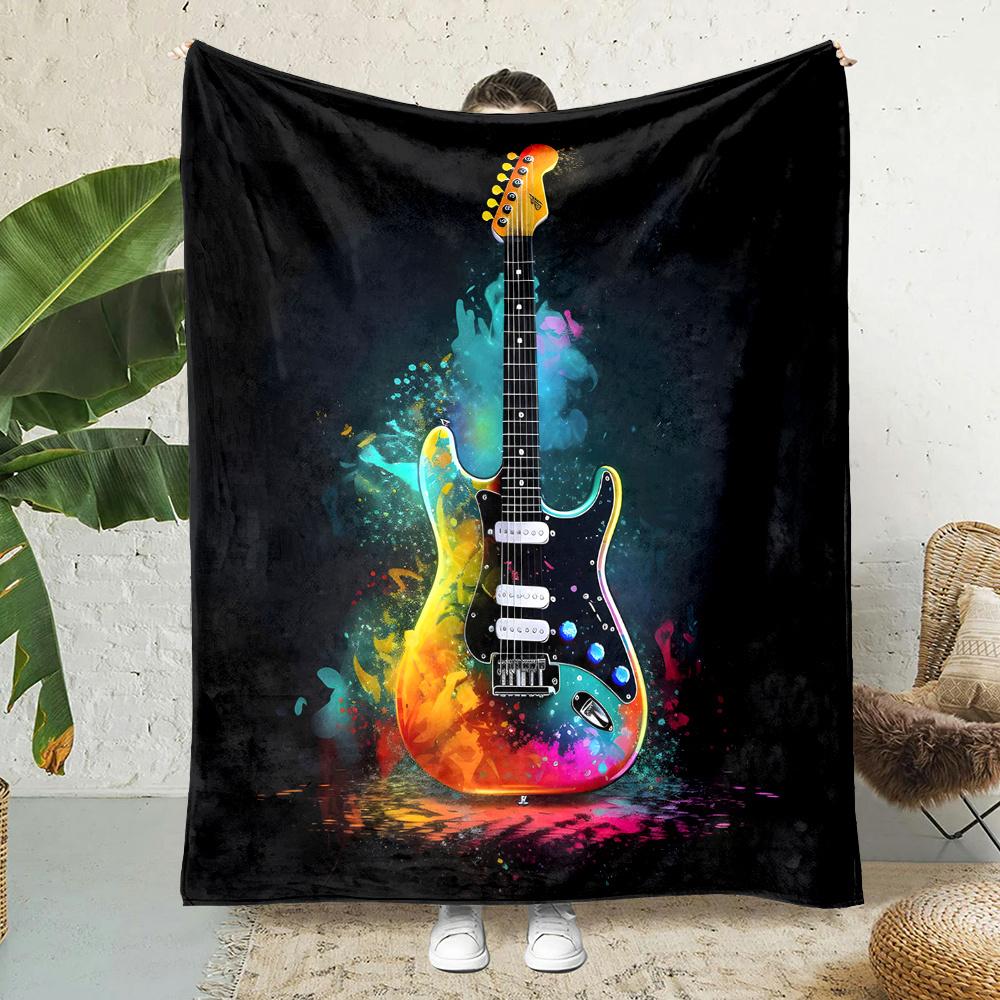 Rock Guitar Print Flannel Fleece Throw Blanket Reversible Lightweight Office Nap Cover Contemporary Style Gift