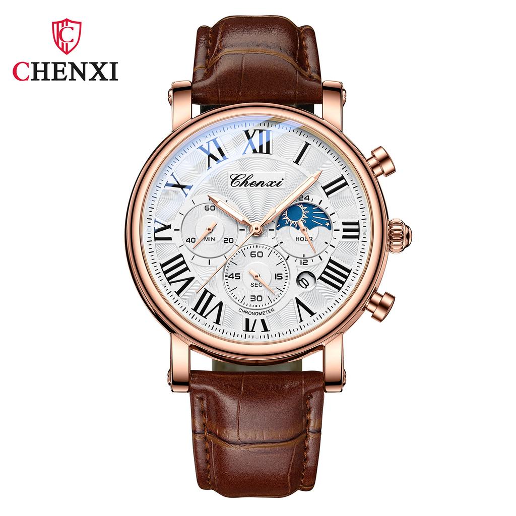 CHENXI 973 Мужские наручные часы Многофункциональные Деловые часы Фаза Луны Дата Водонепроницаемые Римский циферблат Кожаные Кварцевые часы для Мужчины