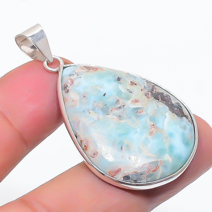 Natural Larimar Gemstone Handmade 925 Sterling Silver Jewelry Pendant 1.85" G0T82