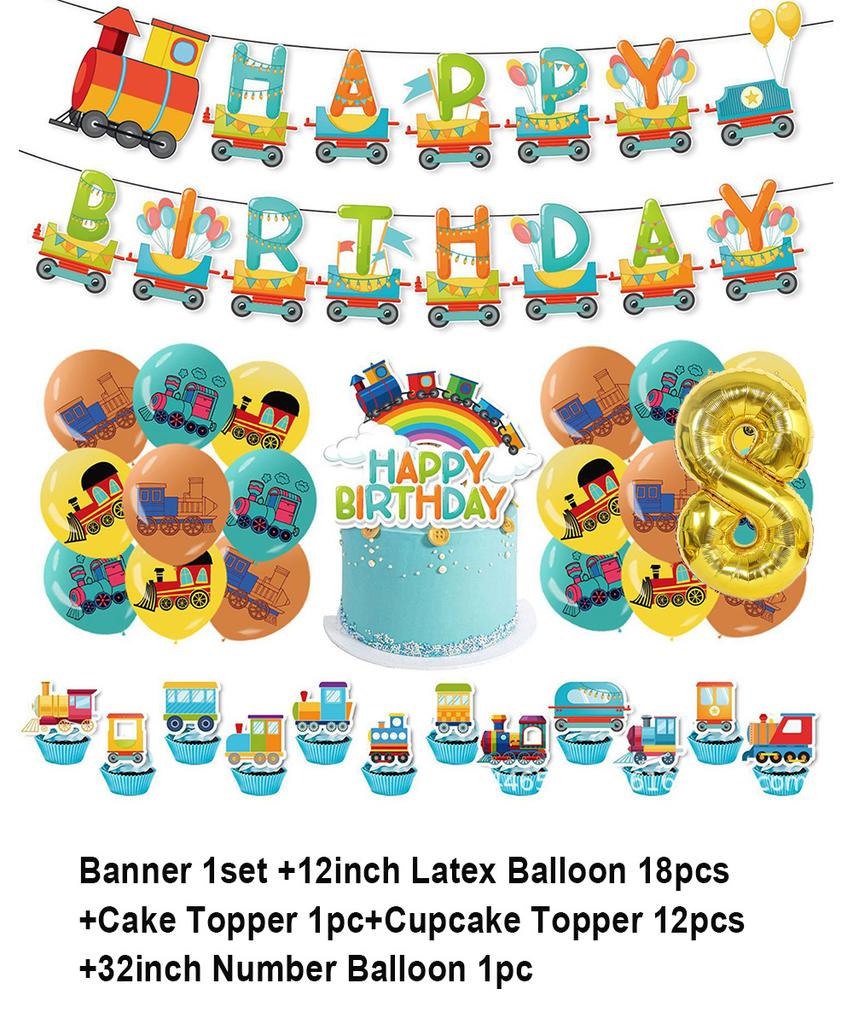 Cartoon Train Theme Birthday Party Decoration Number Balloons Cake Topper Transportation Vehicles Backdrop Banner Party Supplies