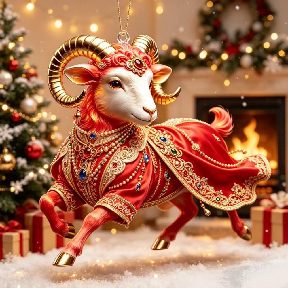 2D Flat Goat Pendant Acrylic Christmas Tree Ornament New Keychain Holiday Party Decor