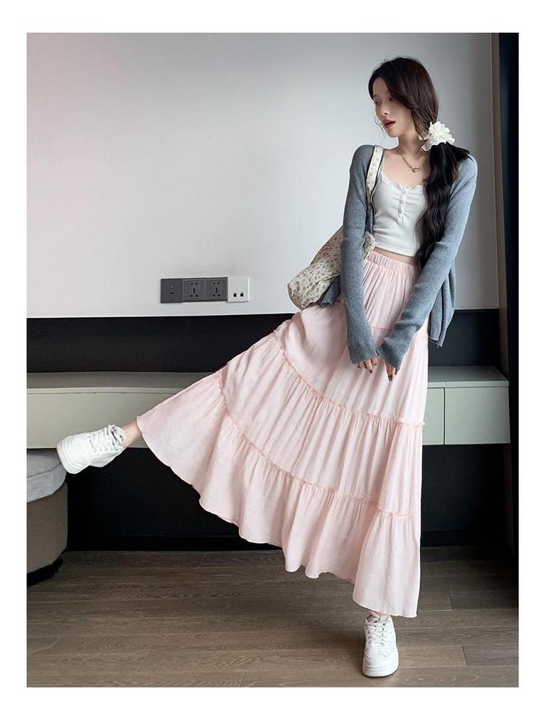 White A-line High Waist Pleated Long Skirt for Women - Spring/Summer 2026 Slimming Petite Layered Umbrella Design