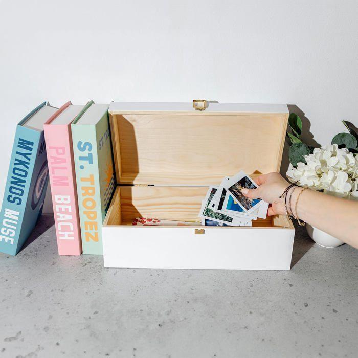 Coffre Boîte de Rangement - Creative Deco - Bois Blanc - 34,5 x 18 x 13,8 cm - Fermoir - Couvercle Courbé