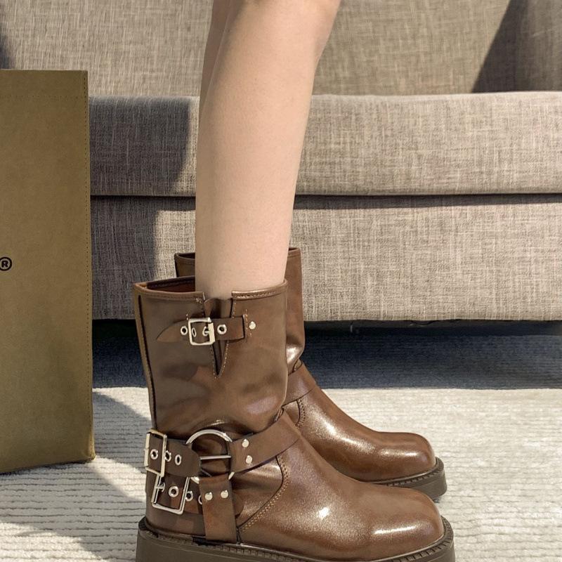 Женские ботинки Мартин на массивном каблуке в британском стиле 2025 года - Ретро квадратный носок, слипоны, ботильоны и ковбойские сапоги для верховой езды