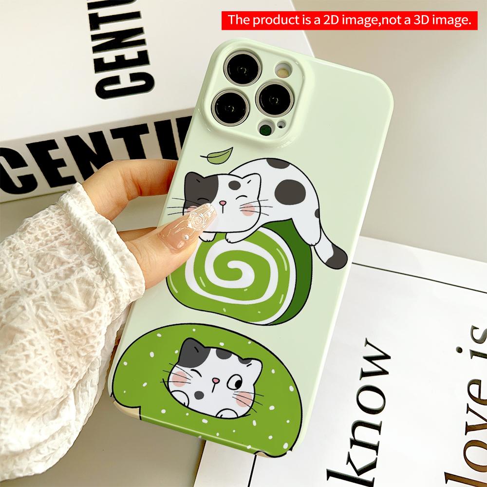 Cute Cat on Green Roll & Donut Phone Case All inclusive film hard phone case, compatible with iPhone 18 Pro Max 17 16 15 14 13 12 11